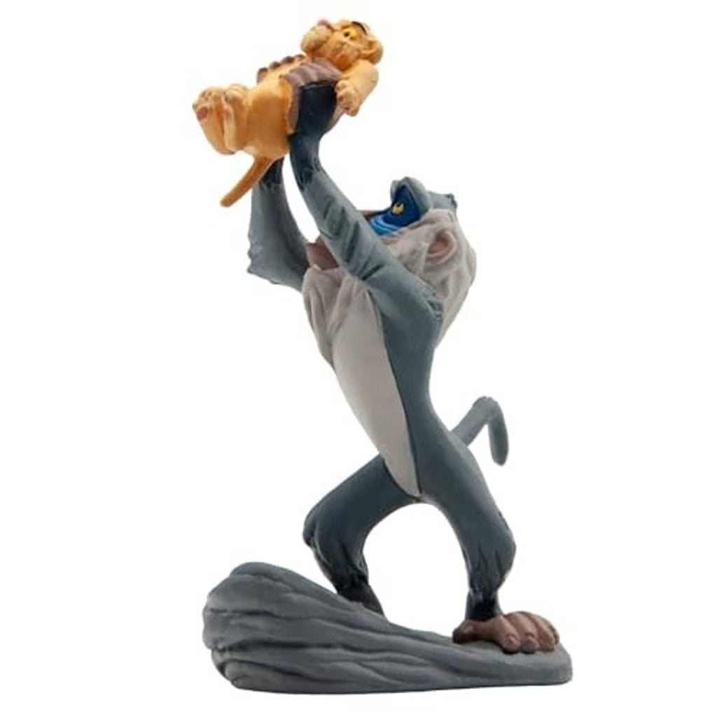 Rafiki toy figure holding Simba puppet, side view on dark base