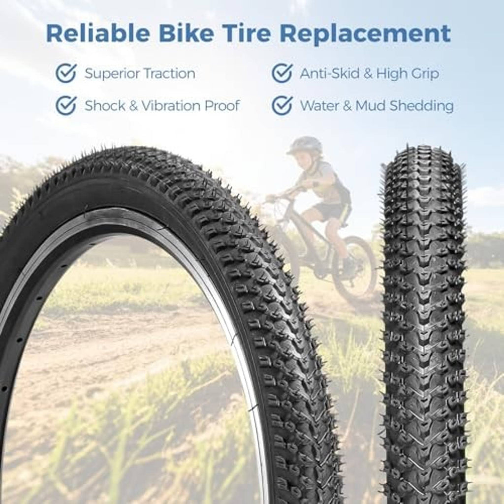 Pair of black bicycle tires with raised tread patterns and sidewall edges