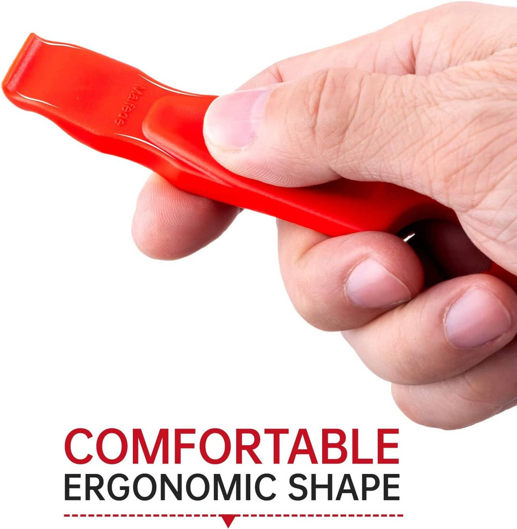 Red bicycle tire lever held in hand; ergonomic handle and hook end.