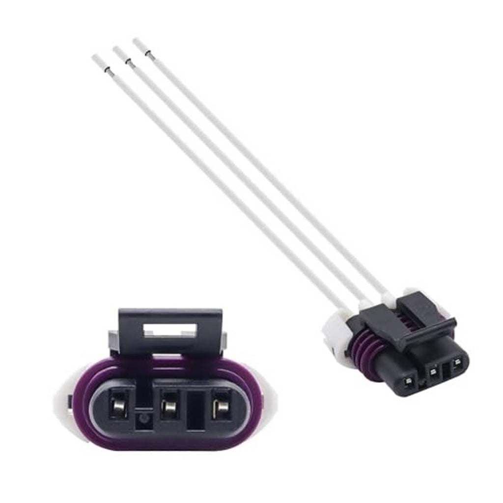 3-wire crank sensor pigtail plug showing purple connector and black wire harness pigtail