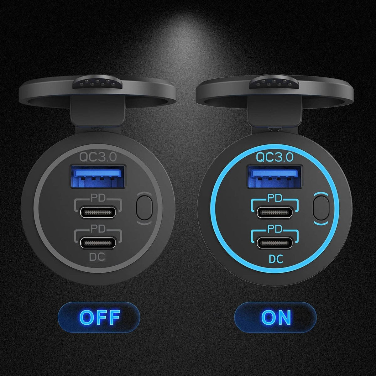 12V dual-port USB car charger controls with OFF and ON indicators, black