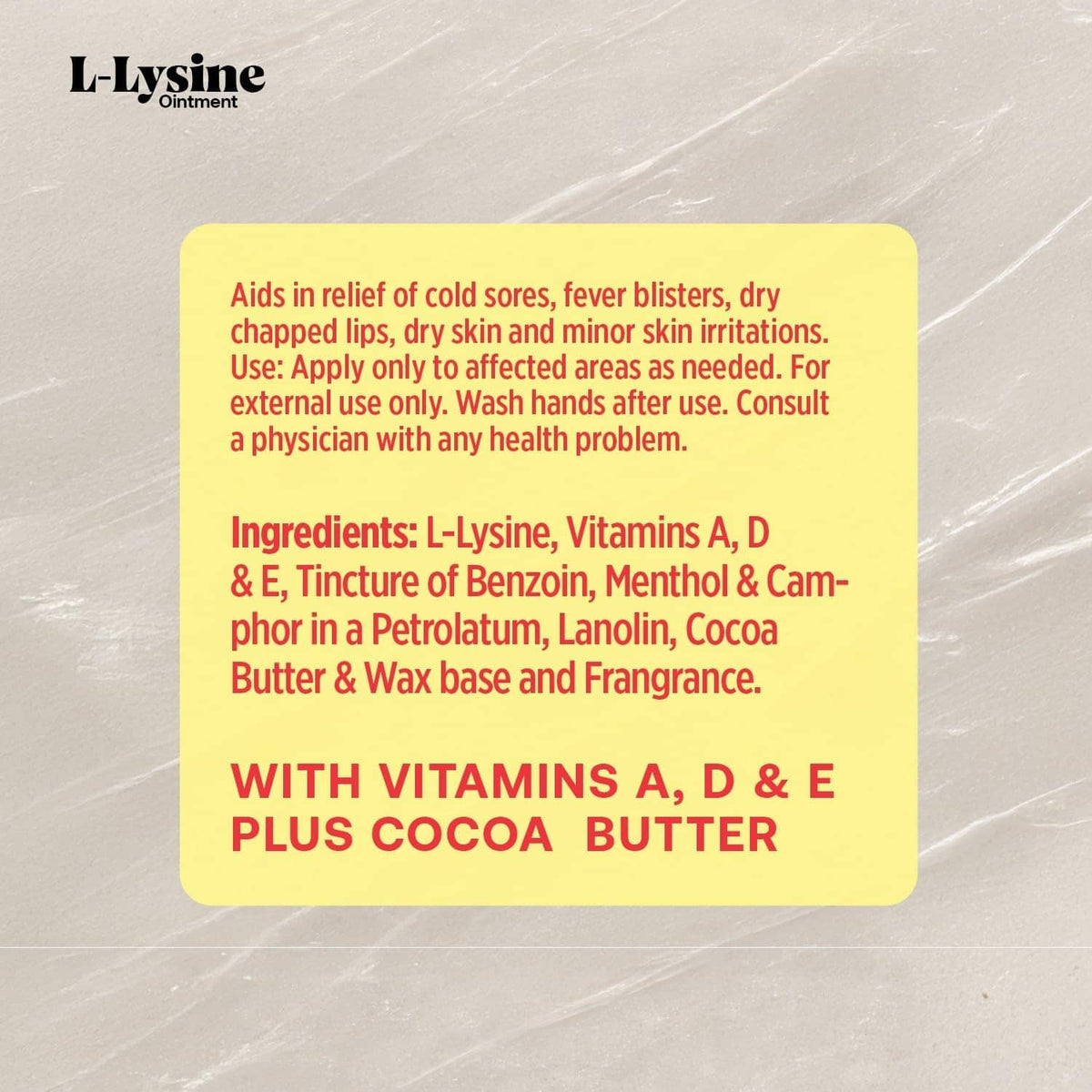 L-Lysine ointment ingredients and use instructions panel on product packaging