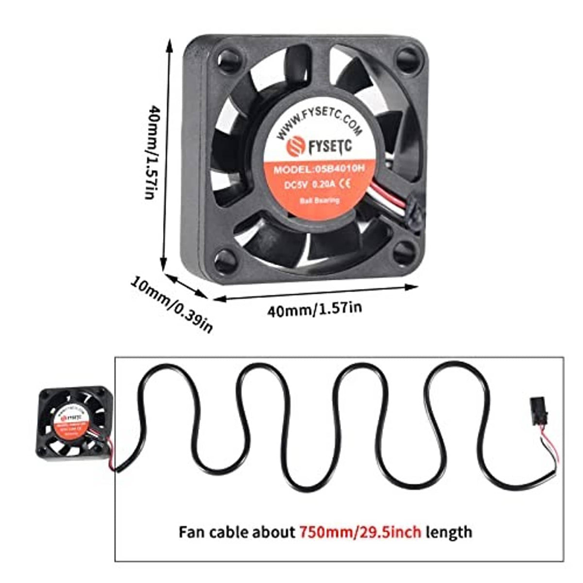 40x40x10mm square cooling fan with measurement labels and wiring length shown
