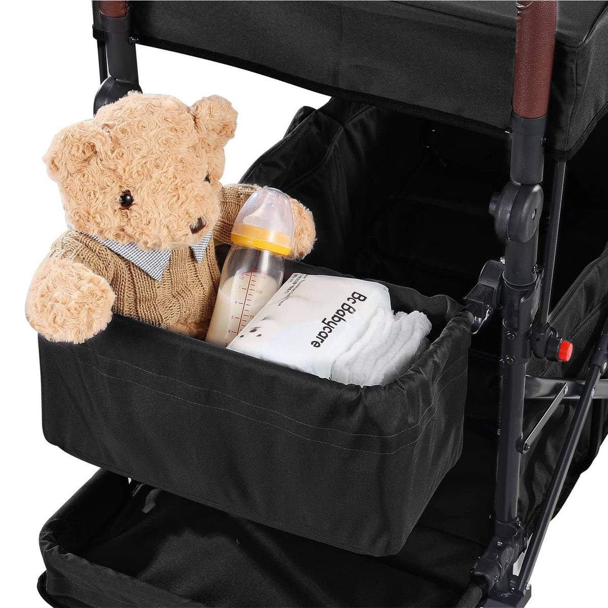 Double stroller wagon with black fabric seat and canopy, side storage pocket
