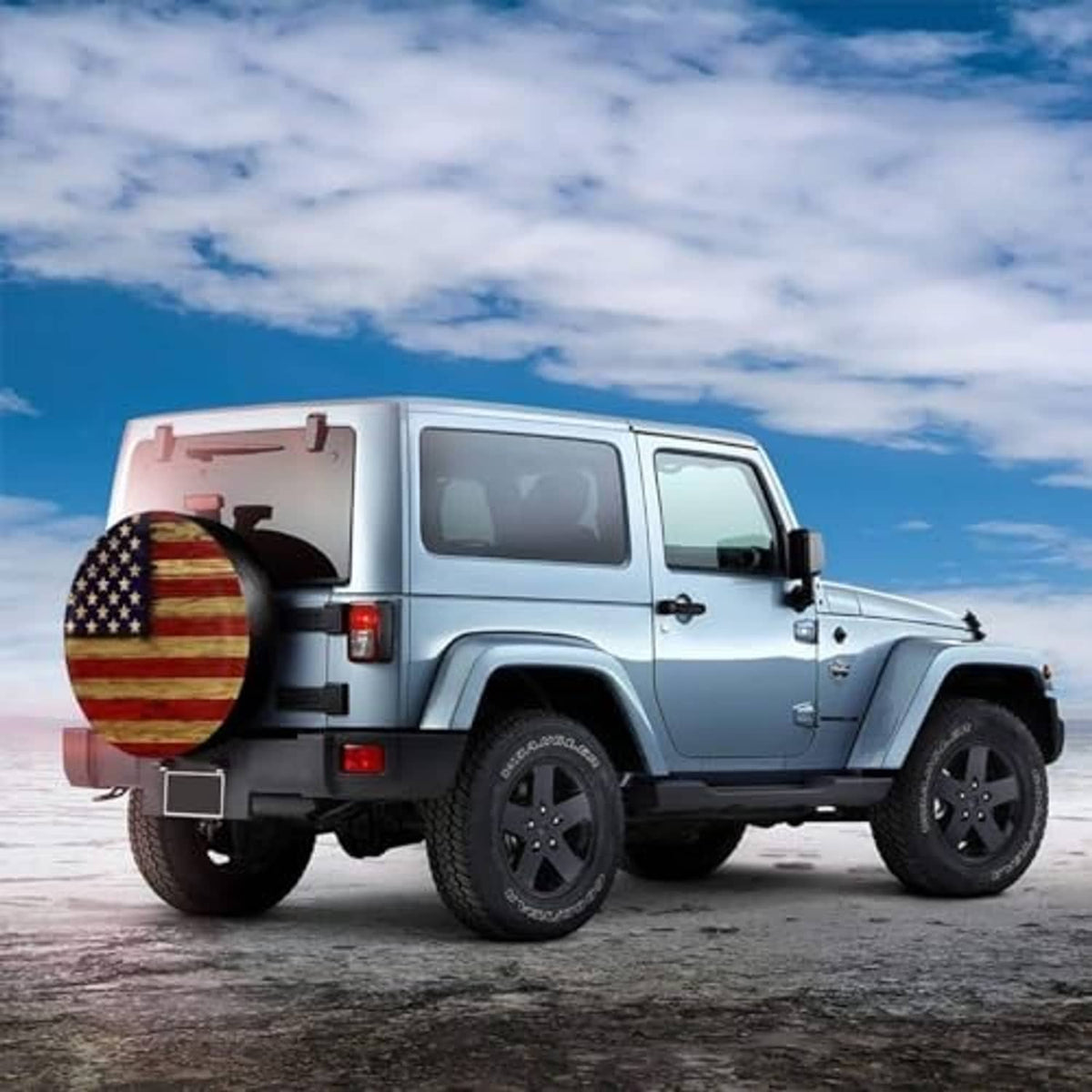 Universal spare tire cover featuring a round American flag design on the rear of an SUV