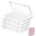 Stacked clear plastic organizer boxes with grid compartments and lift-open lids