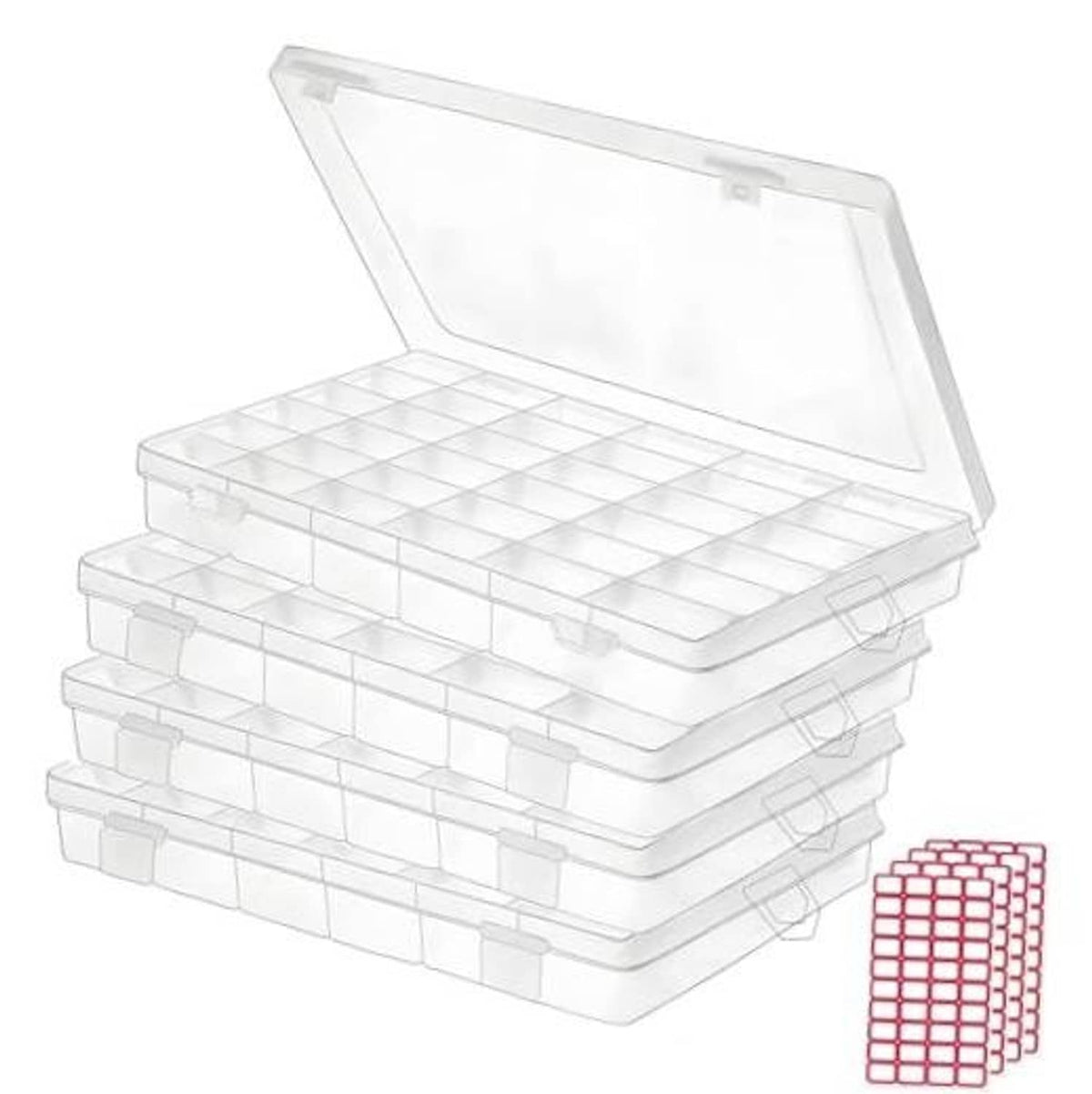 Stacked clear plastic organizer boxes with grid compartments and lift-open lids