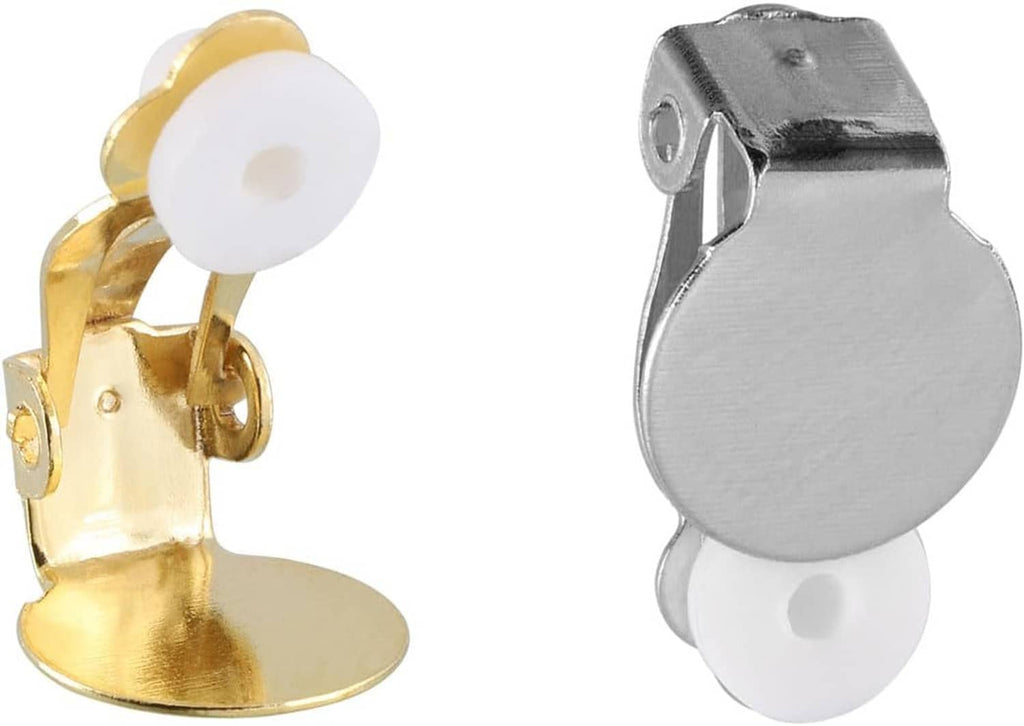 Clip-on earring converters with white silicone pads and gold and silver metal clips
