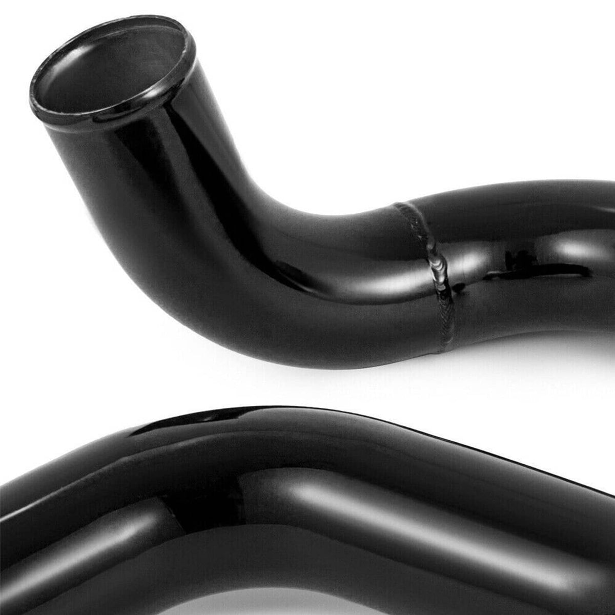 Close-up of black silicone intercooler hose bend with clamp seam detail