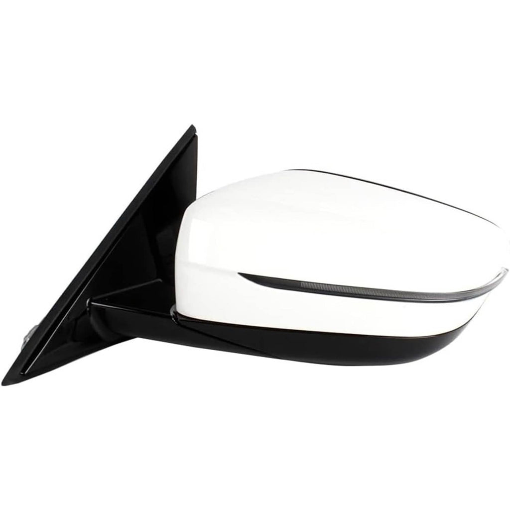 Left side mirror with white cap, chrome strip, and black mounting base