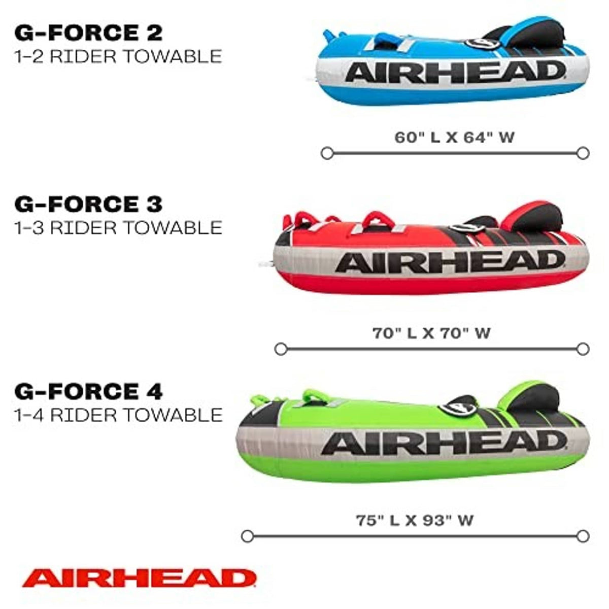 Illustration comparing AIRHEAD G-Force models with towable sizes and rider counts