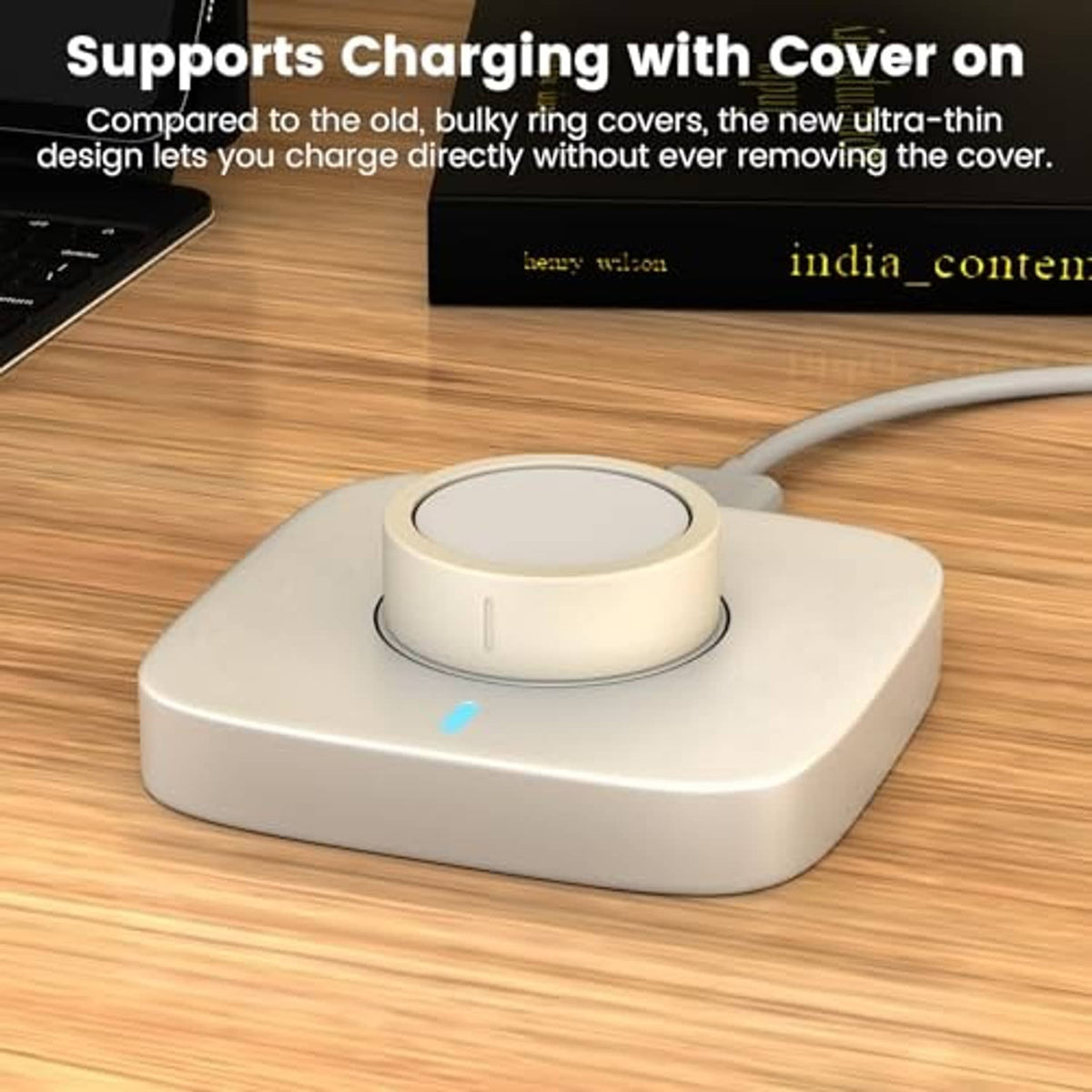 White silicone ring cover with metal sensor window on a charging dock