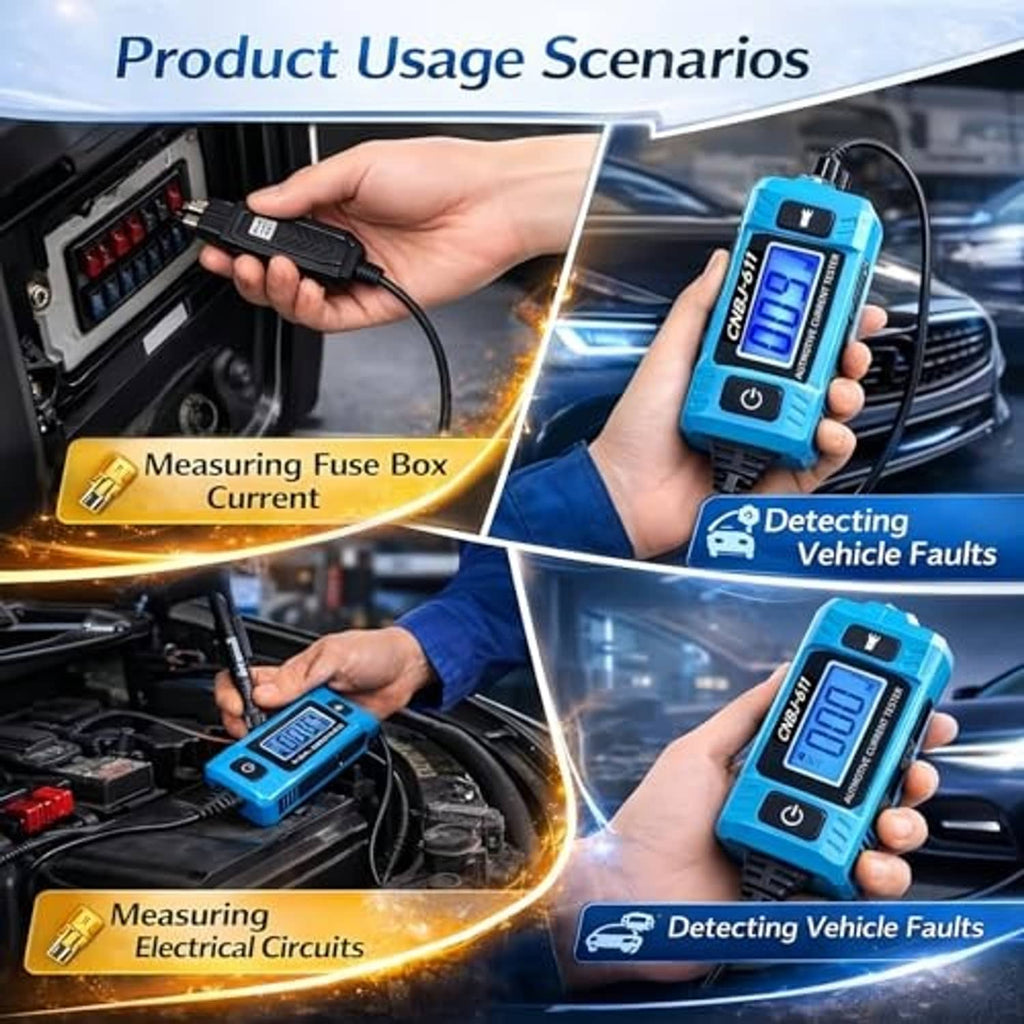 Blue automotive current circuit tester in hand with connected leads for vehicle diagnostics