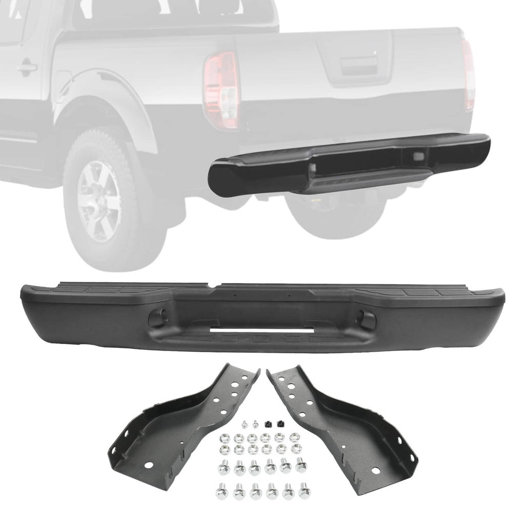 Black rear step bumper assembly with mounting brackets and hardware screws