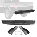 Black rear step bumper assembly with mounting brackets and hardware screws