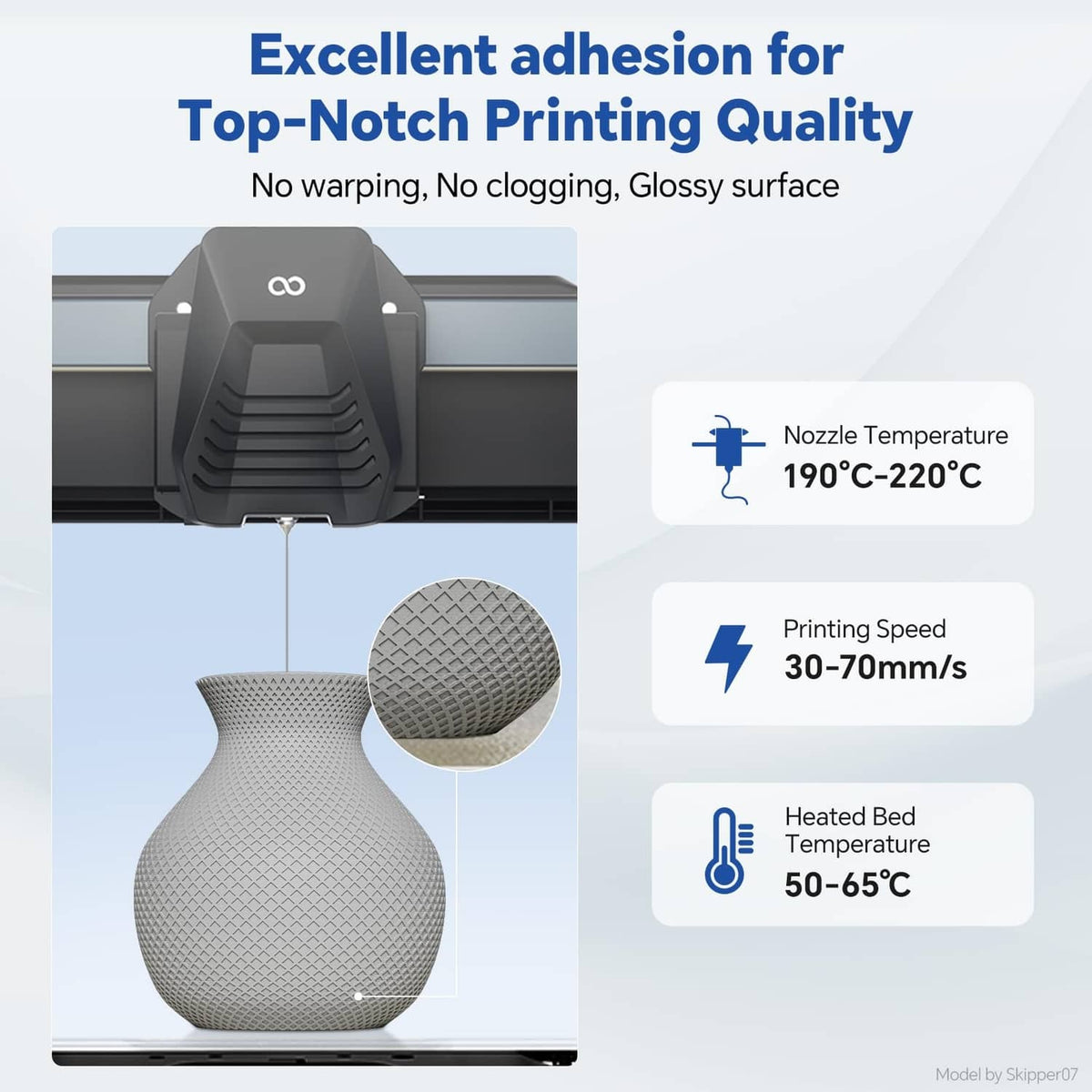 PLA filament printing quality infographic with nozzle settings and finished textured lamp