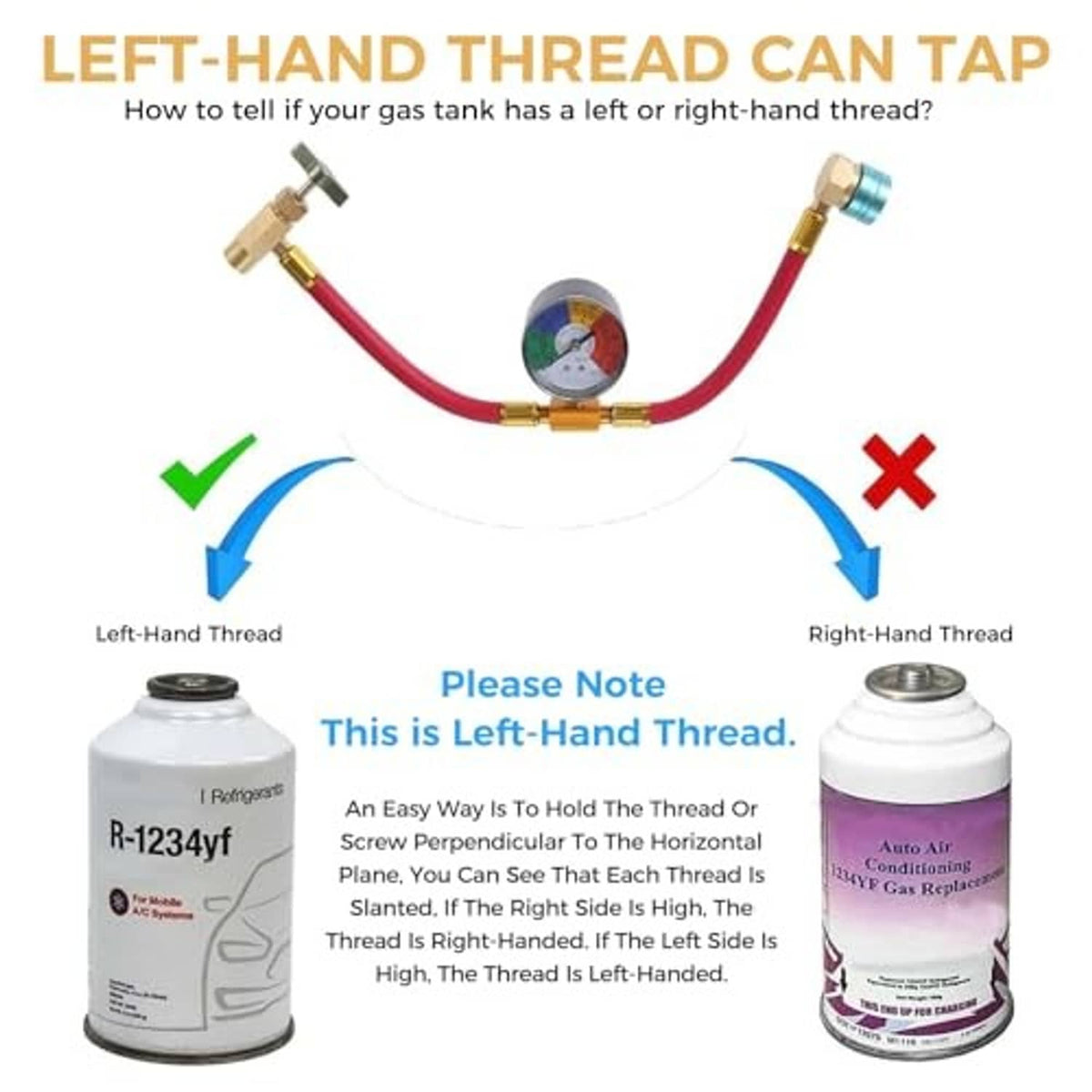 Refrigerant charge hose set with pressure gauge, showing left-hand thread fittings.