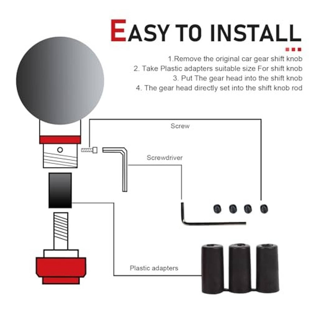 Gear shift knob installation diagram with adapters and mounting screws