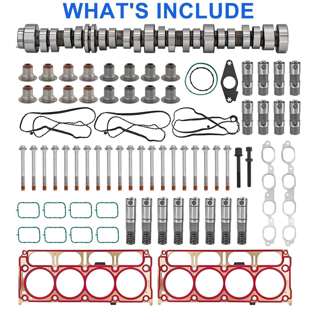 Assorted engine lifters and installation hardware set with gaskets, bolts, and rods