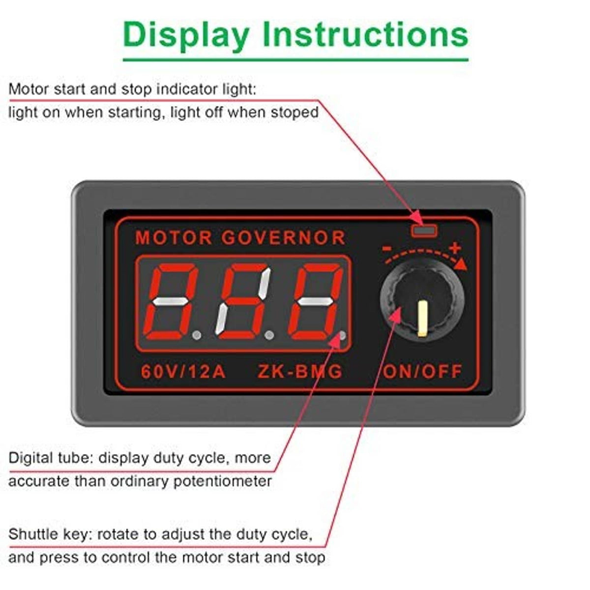 Black motor governor speed controller front display with dial and motor on indicator