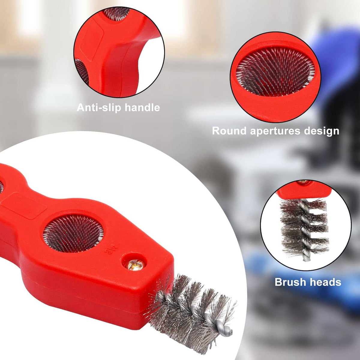 Red and black 4-in-1 pipe brushes with round aperture handle and wire brush heads