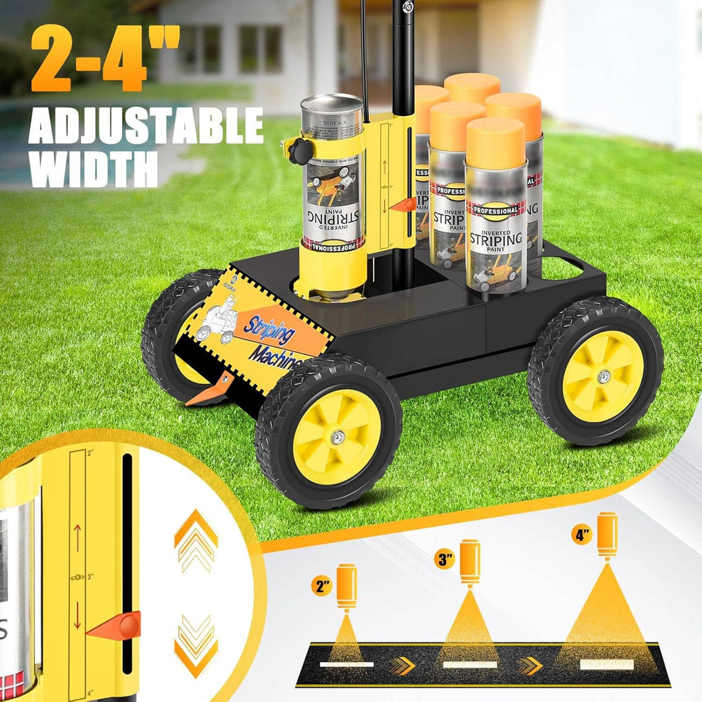 Yellow and black line marking machine with four paint cans on wheeled base