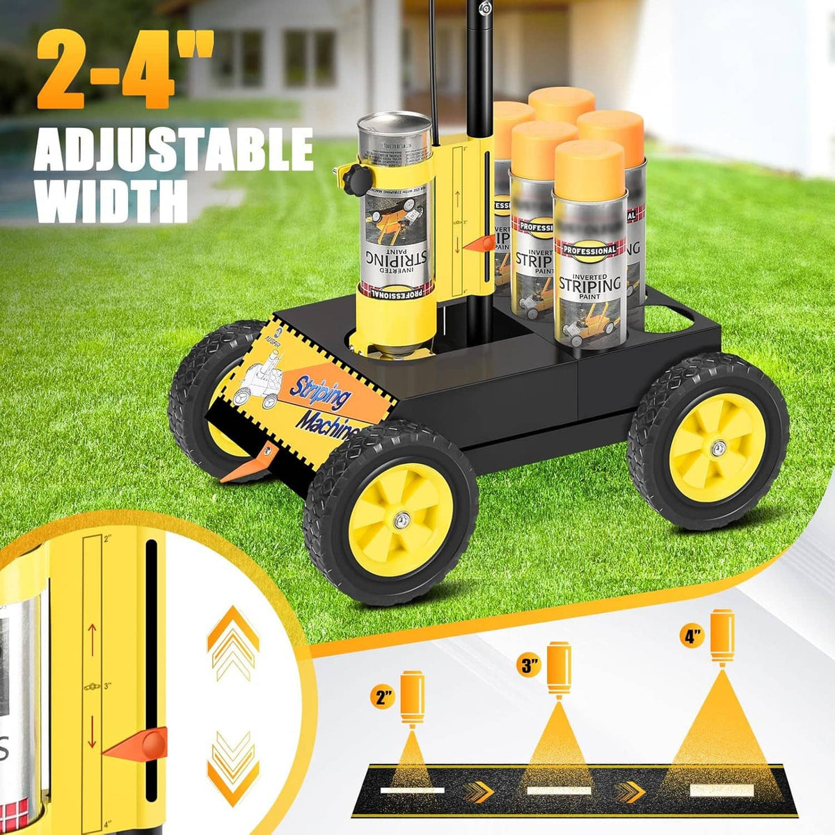 Yellow and black line marking machine with four paint cans on wheeled base