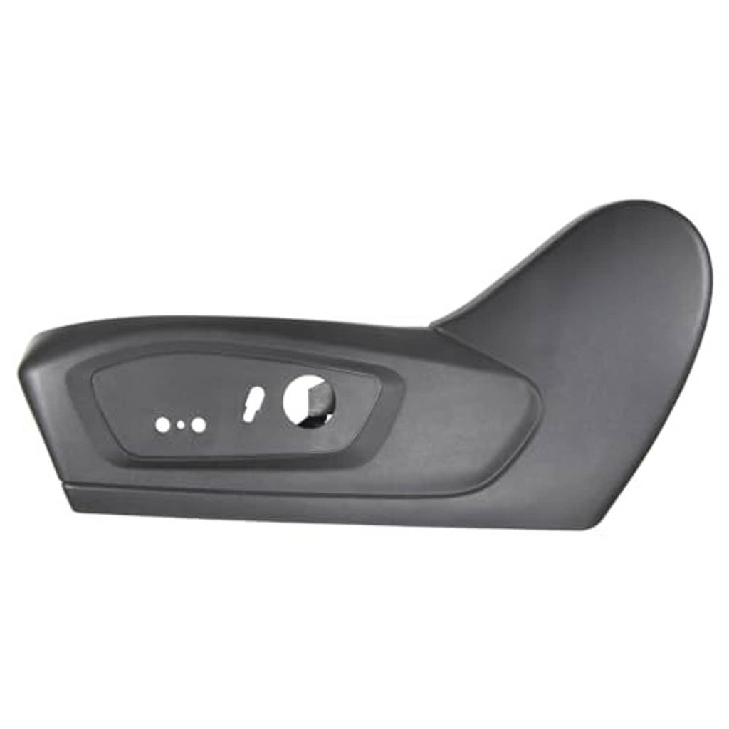 Driver side seat trim cover, dark gray, featuring a recessed panel with round and oval holes