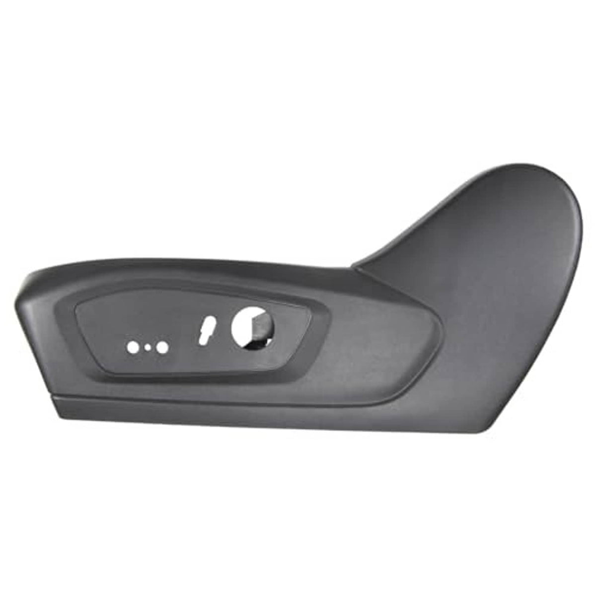 Driver side seat trim cover, dark gray, featuring a recessed panel with round and oval holes