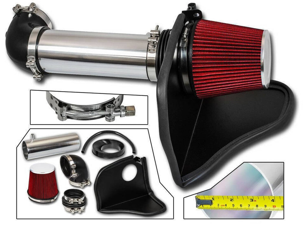 Cold air intake heat shield with red cone air filter and black intake tube, silver piping