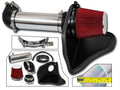 Cold air intake heat shield with red cone air filter and black intake tube, silver piping
