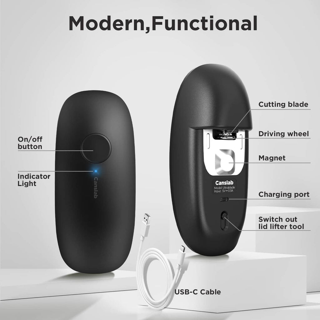 Handheld electric can opener shown front and side with blade, wheel, and magnet