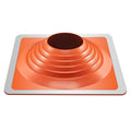 Orange flexible silicone roof pipe flashing boot with metal base and round pipe opening