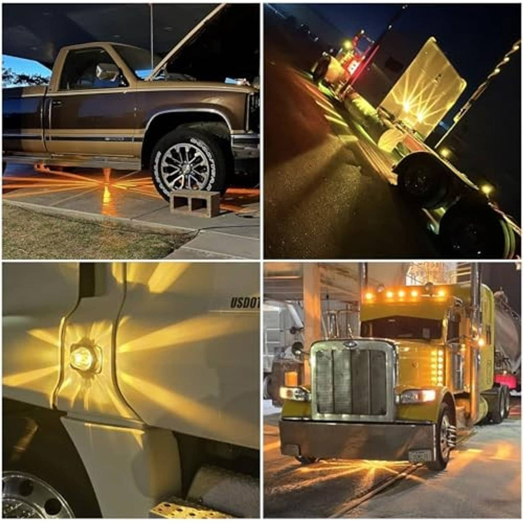 Amber LED roof marker lights glowing on vehicle at night