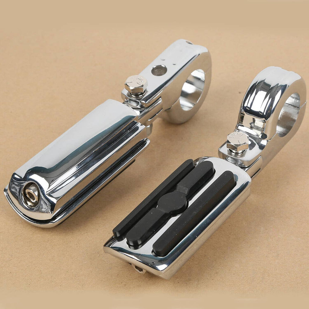 Chrome highway foot peg pair with black rubber pads on metal brackets