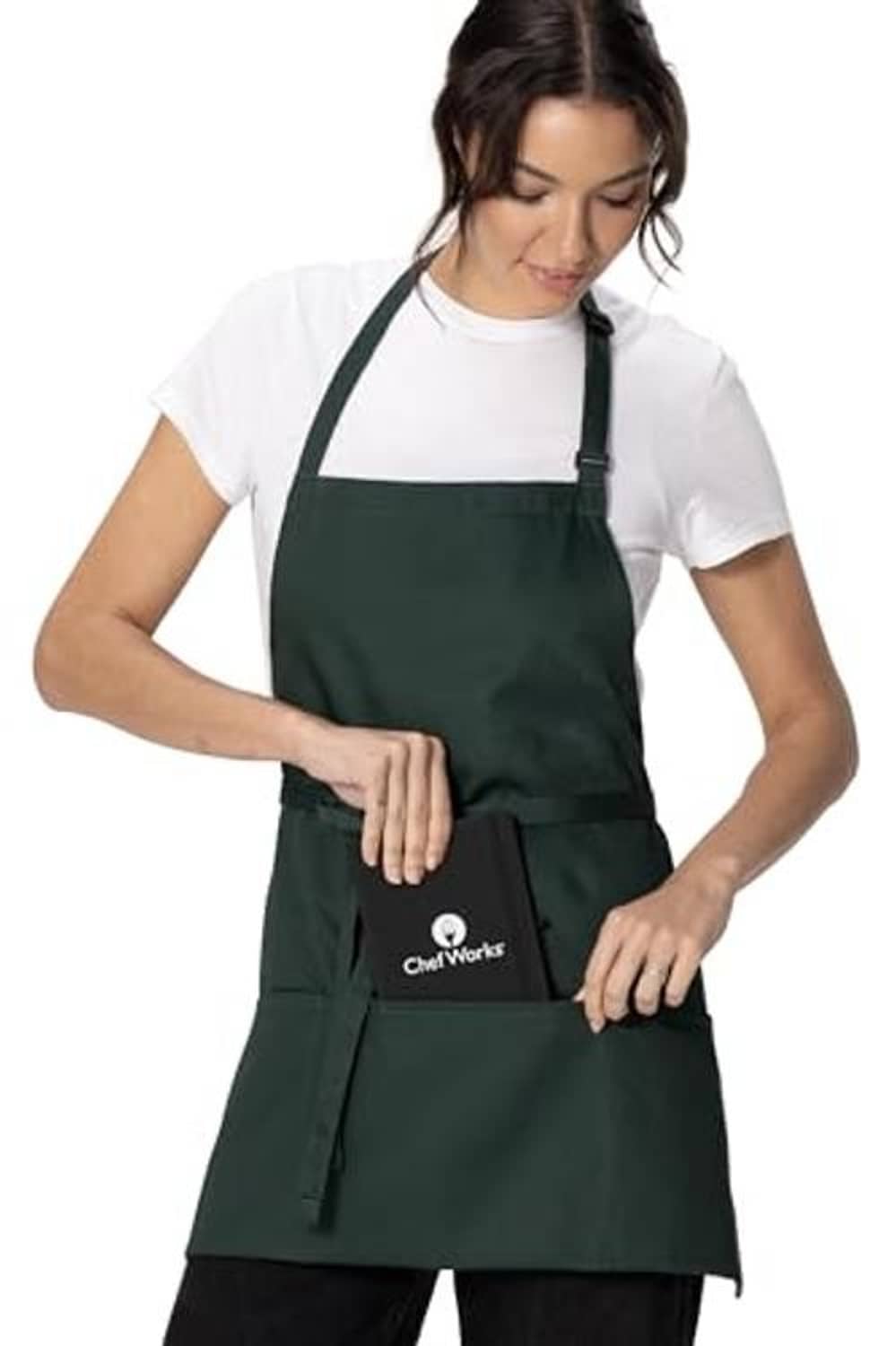 Hunter green three-pocket apron close-up showing chest pocket opening and tie