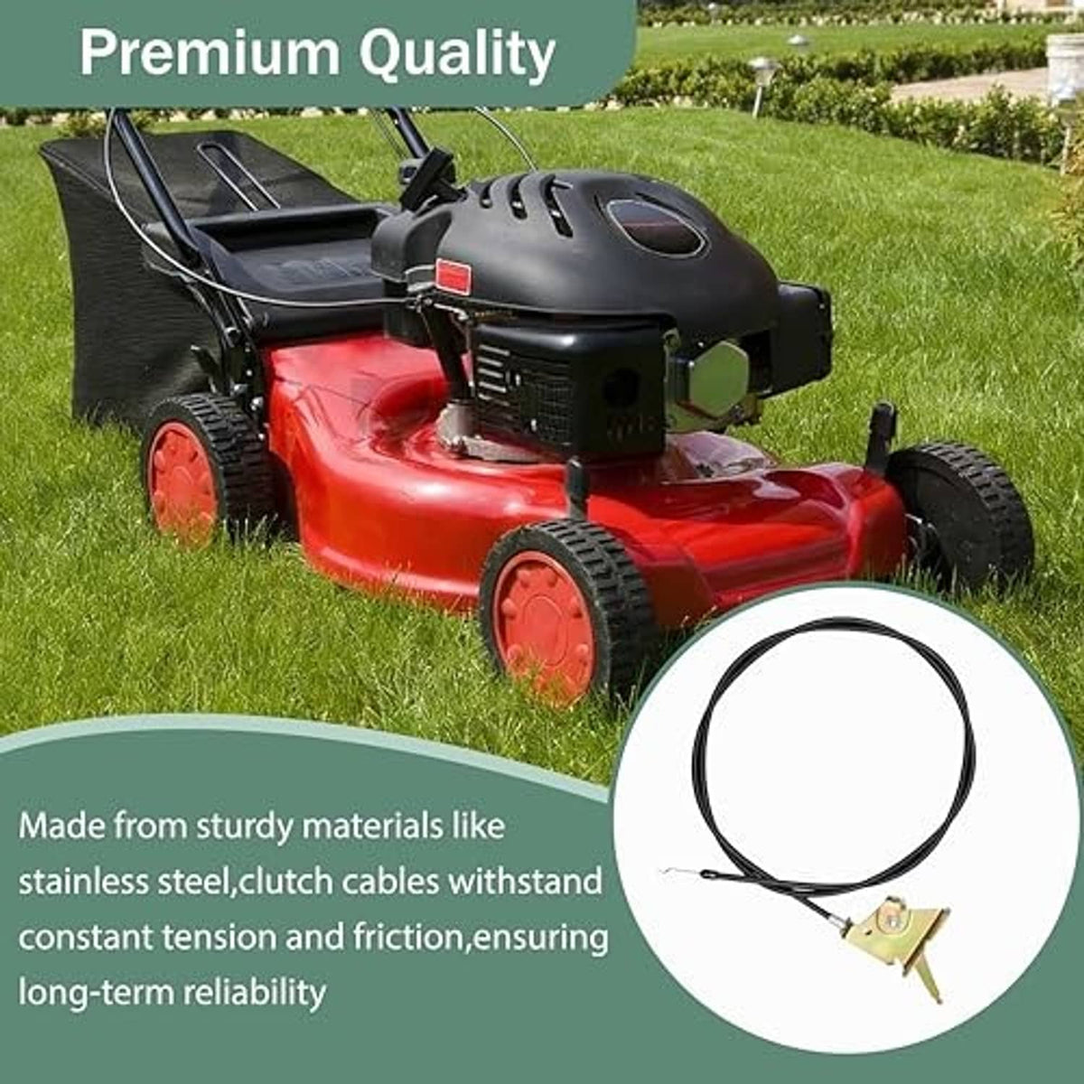 Throttle control cable with black wire and gold bracket shown on lawn mower