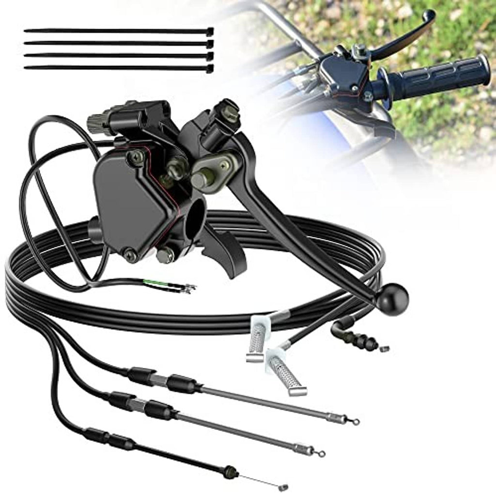 ATV thumb throttle and brake cable kit with handle lever, black control housing, cables