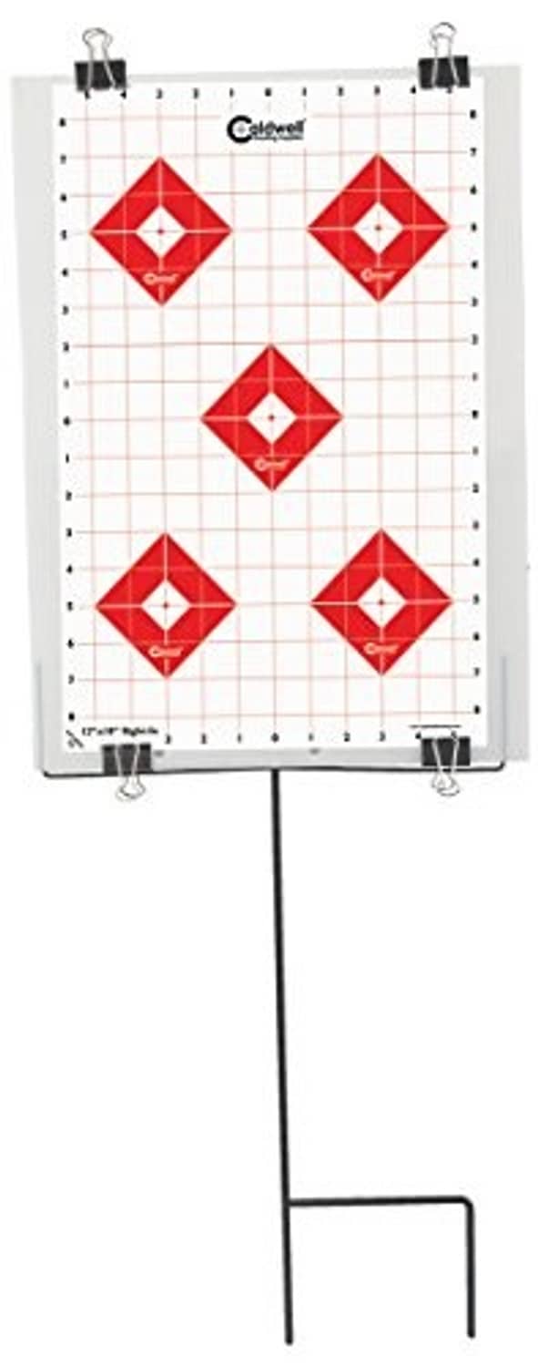 Caldwell 12x18 portable target stand with red diamond targets on white grid