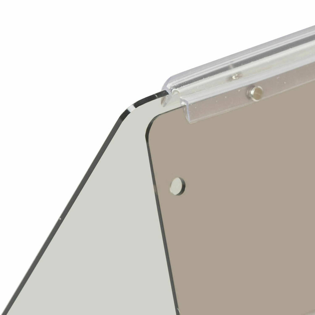 Tinted windshield panel edge with frame bracket, bolts, and mounting holes