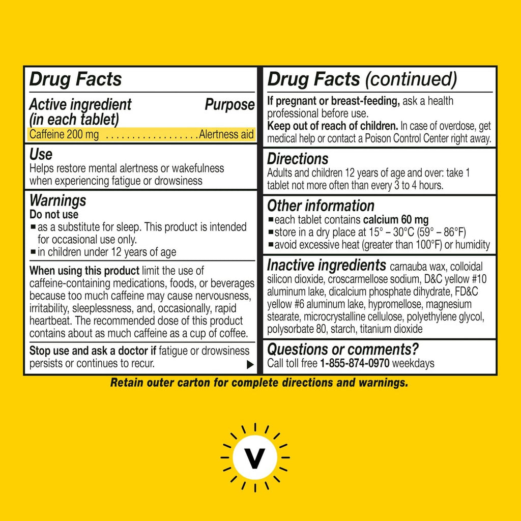 Vivarin Drug Facts label for caffeine 200 mg tablets with warnings