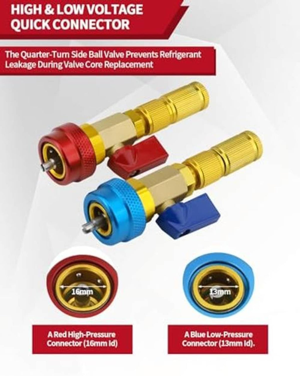 Two brass AC connectors with blue and red ends plus color-coded port caps and valve cores