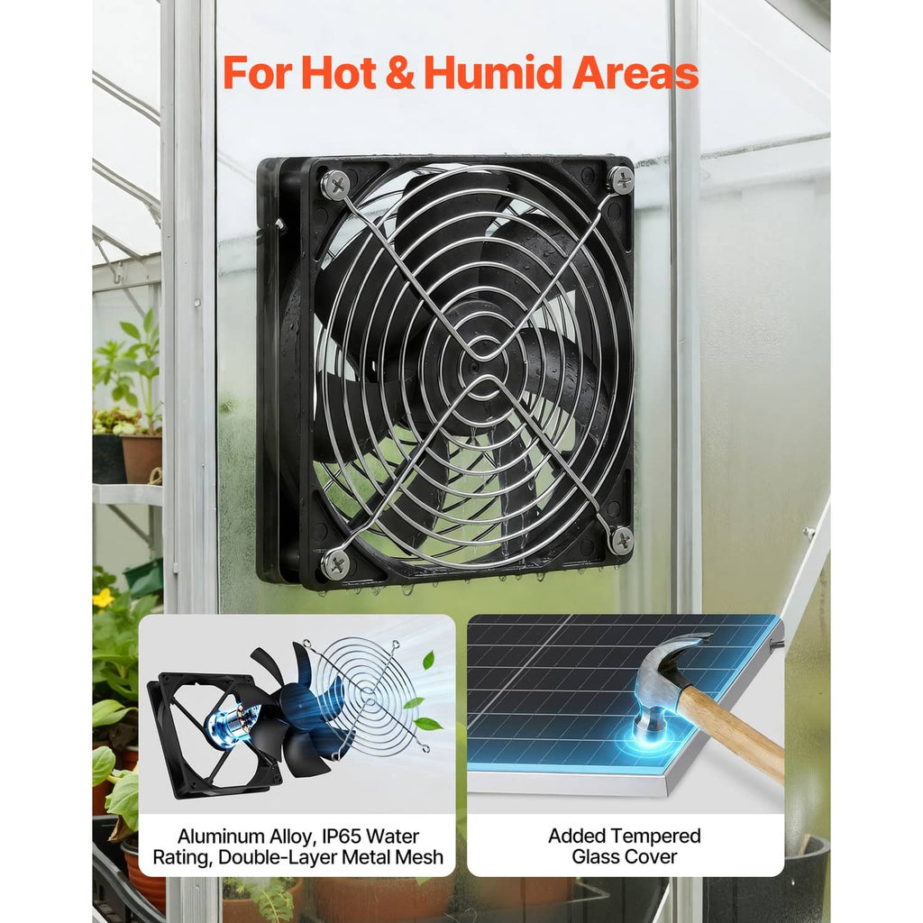 Black square fan grille with weather-ready housing and solar power cable set