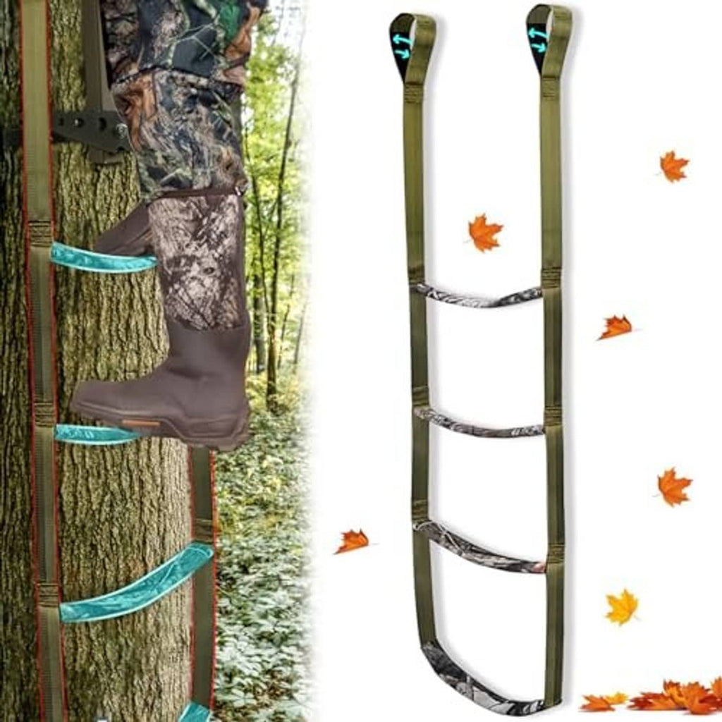 4-step climbing stick aider with camo sleeves and green webbed straps for tree steps