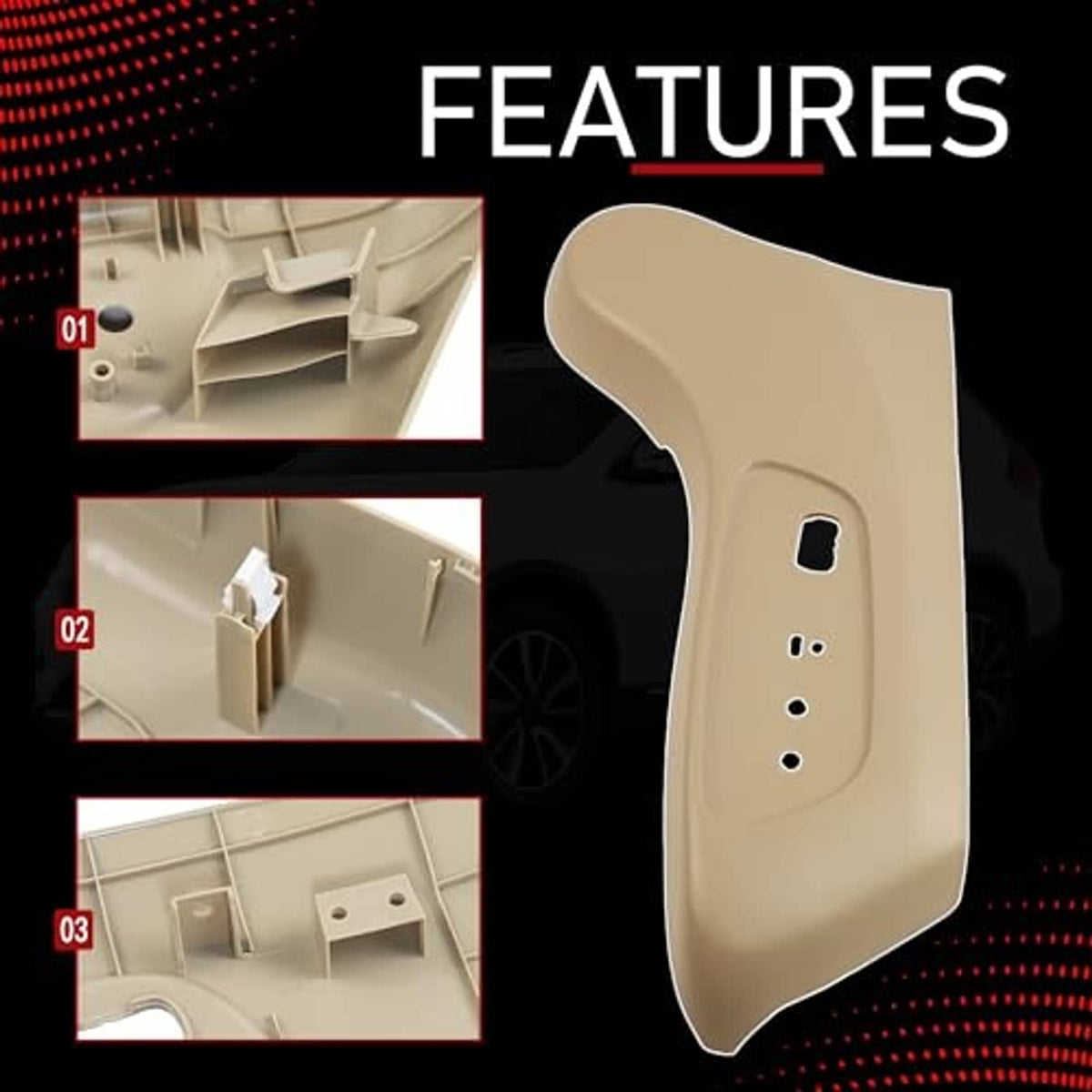 Beige seat outer trim panel with cutout window and multiple mounting holes