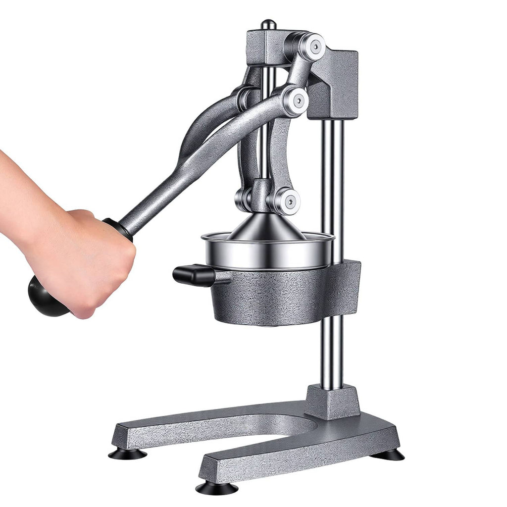 Manual citrus juicer with curved handle, press cup, and standing metal frame on feet