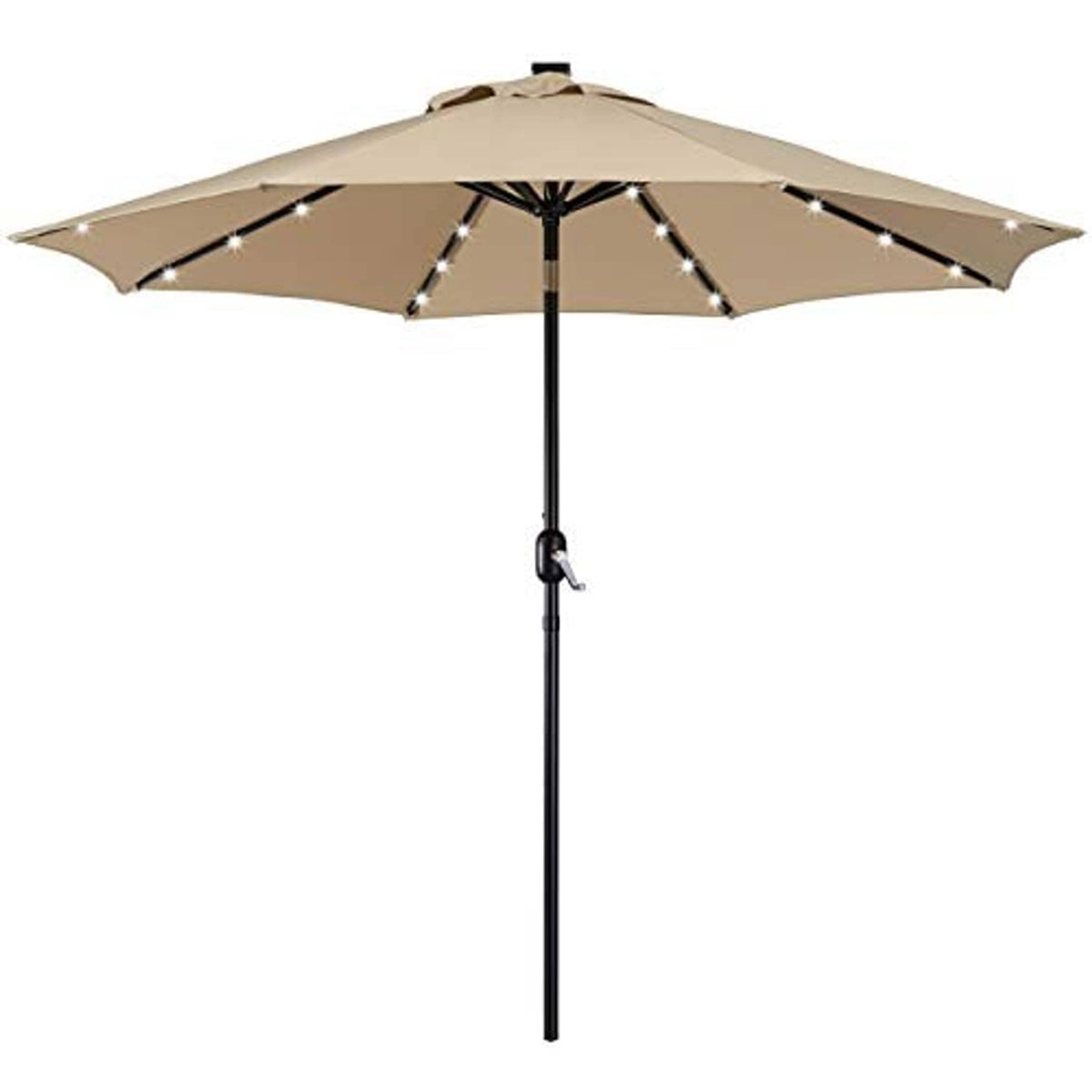 Tan patio umbrella canopy with LED light strips and crank/tilt handle on black pole