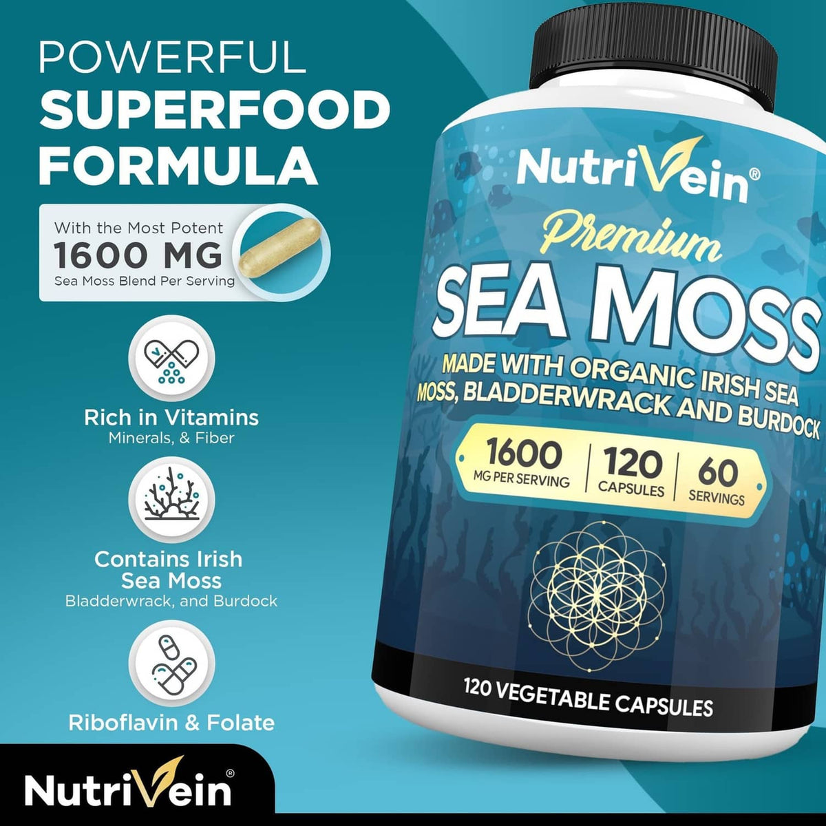 NutriVein Premium Sea Moss supplement bottle with vitamin and superfood formula icons