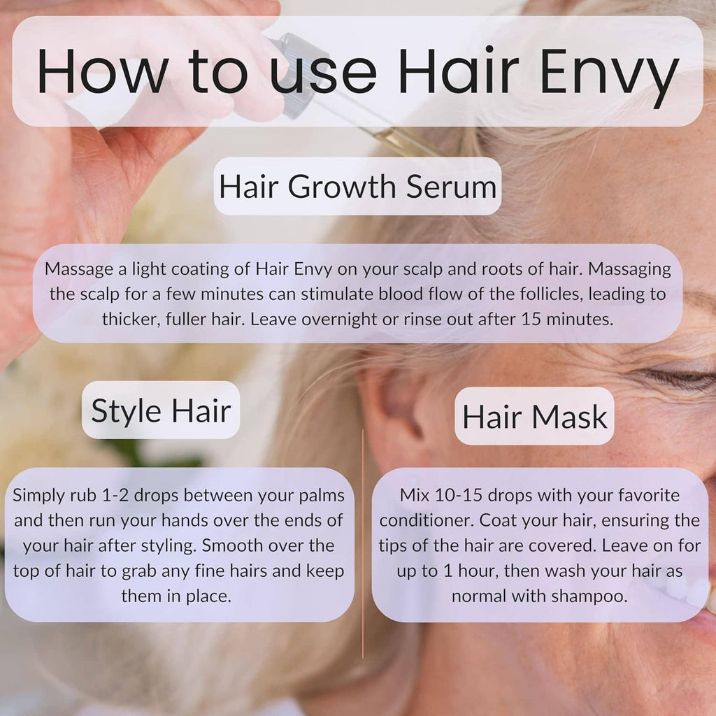Hair serum bottle with black dropper with how-to usage steps overlay