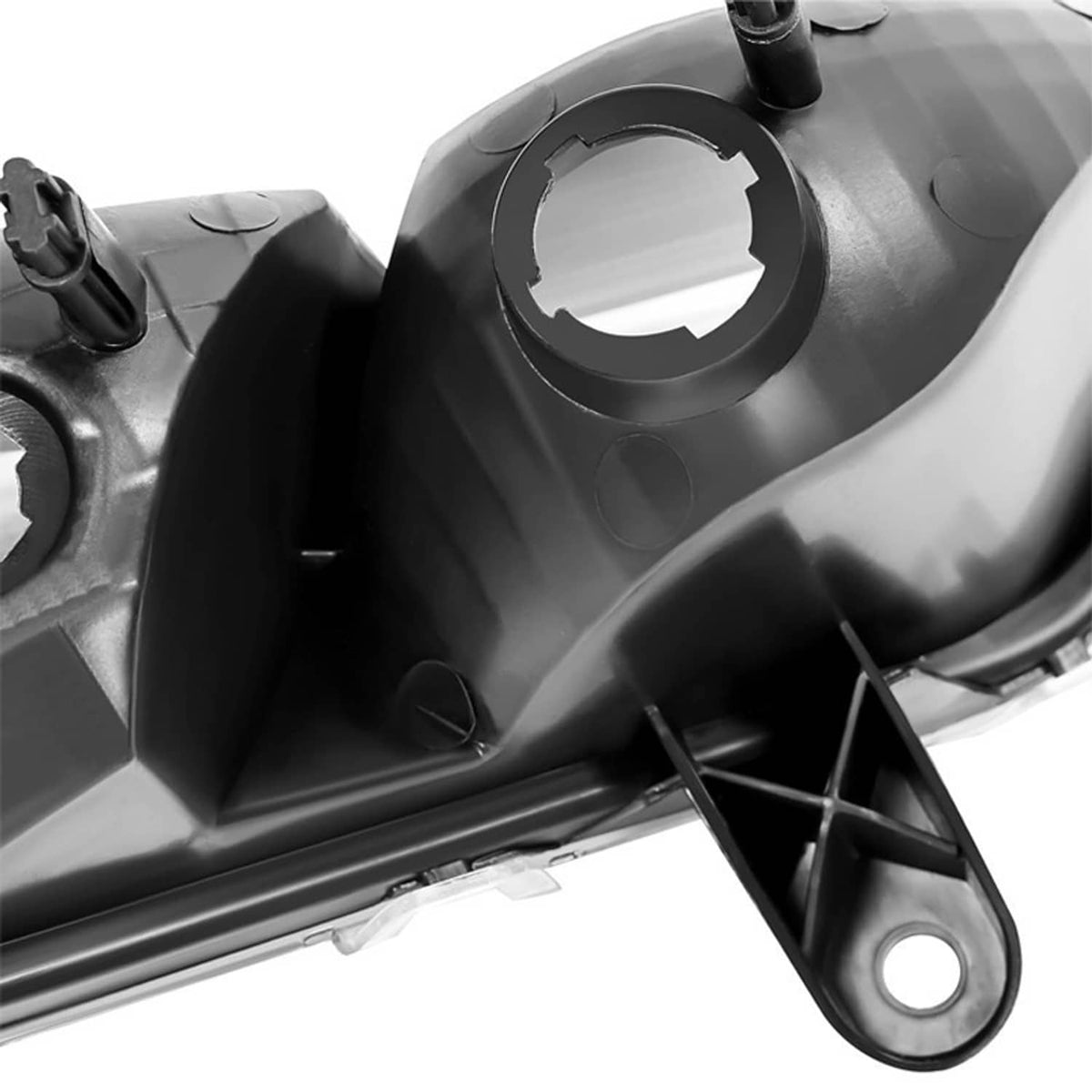 Driver-side LH fog light lamp housing with socket opening and black mounting bracket